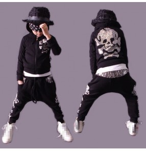 Gold silver royal blue skull pattern boys kids children stage performance fashion cotton hoddies hip hop jazz singer drummer play dance outfits costumes